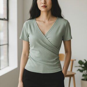 (D-108)SHEIN Women Sage Green Ribbed‎ Wrap V-Neck Top Short Sleeve Size M